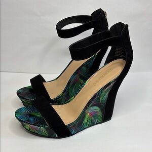 EUC! Black Green Blue Pink Ankle Strap Platform Wedge Heels
